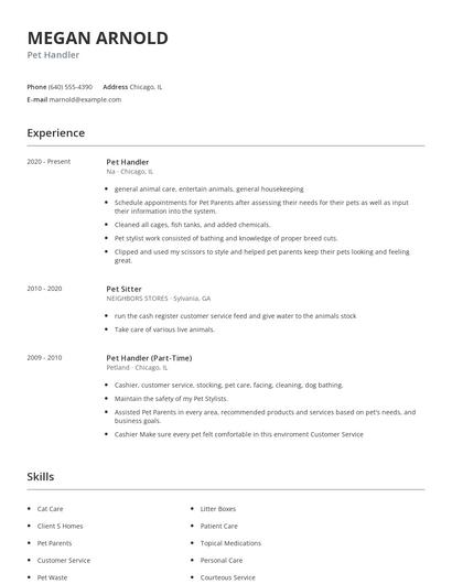 Pet Handler Resume