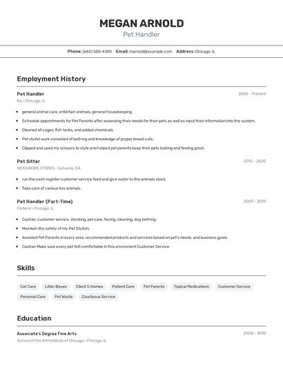 Pet Handler Resume