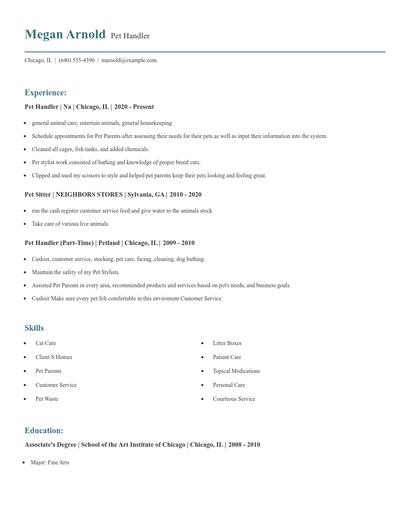 Pet Handler Resume
