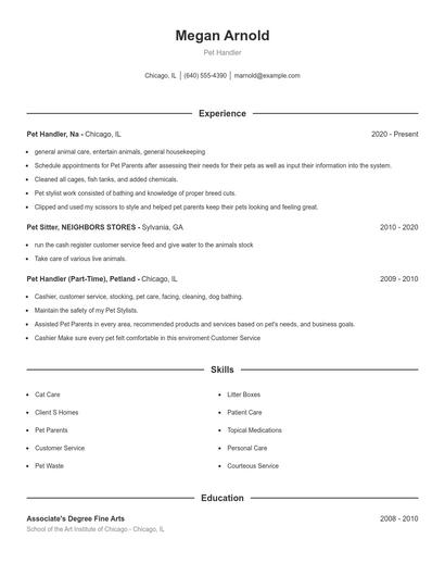 Pet Handler Resume