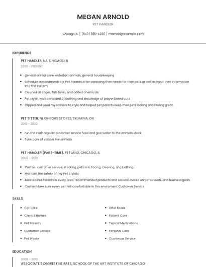 Pet Handler Resume