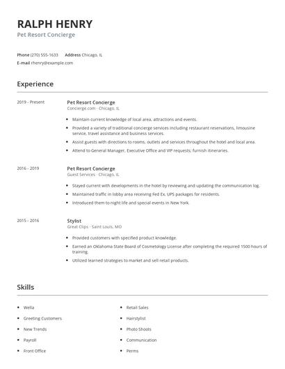 Pet Resort Concierge Resume