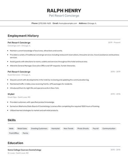 Pet Resort Concierge Resume