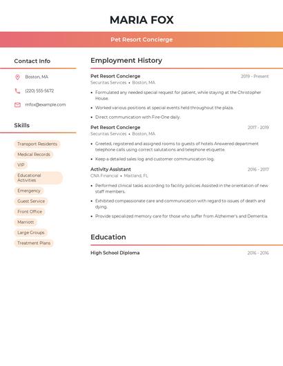 Pet Resort Concierge Resume
