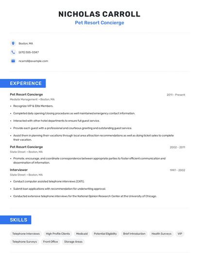 Pet Resort Concierge Resume
