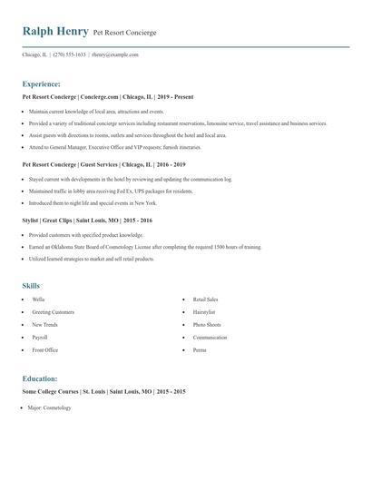Pet Resort Concierge Resume