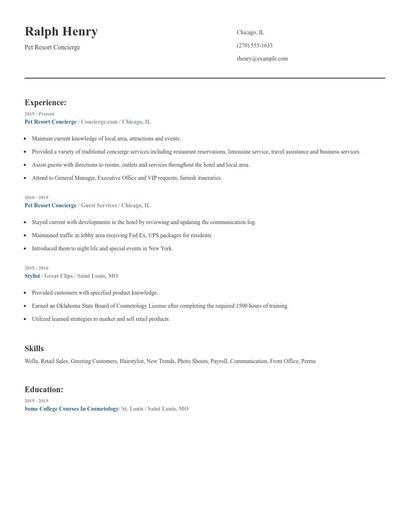 Pet Resort Concierge Resume