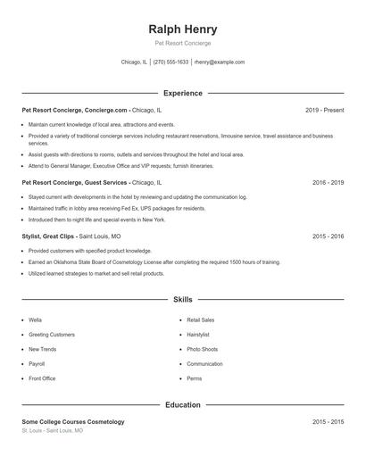 Pet Resort Concierge Resume