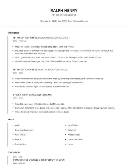 Pet Resort Concierge Resume