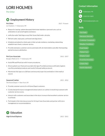 Pet Sitter Resume