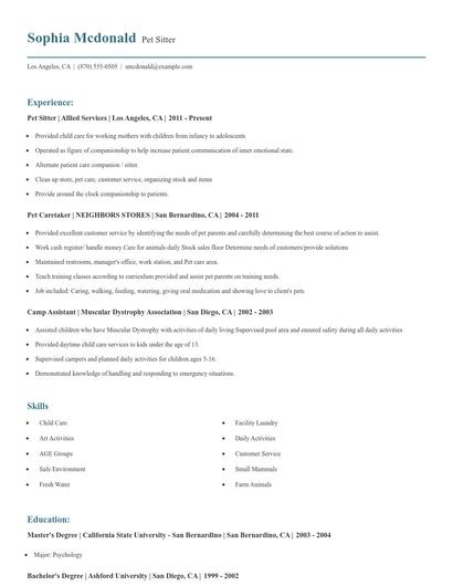 Pet Sitter Resume