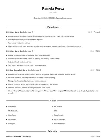 Pet Sitter Resume