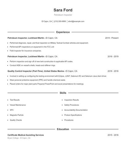 Petroleum Inspector Resume