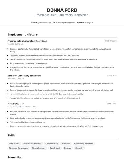 Pharmaceutical Laboratory Technician Resume