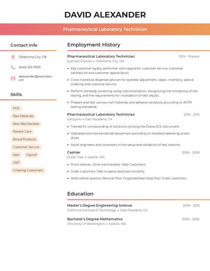 Pharmaceutical Laboratory Technician Resume
