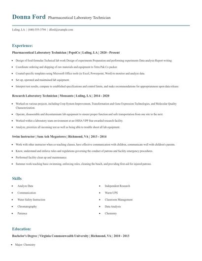 Pharmaceutical Laboratory Technician Resume