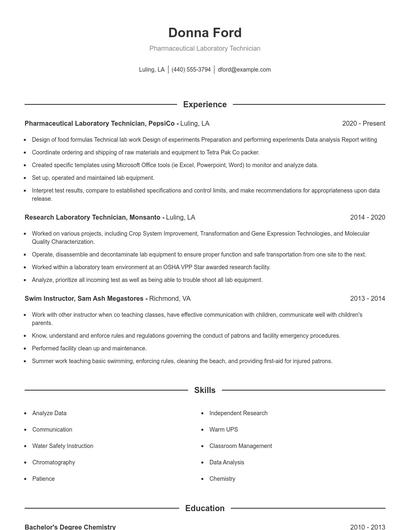 Pharmaceutical Laboratory Technician Resume