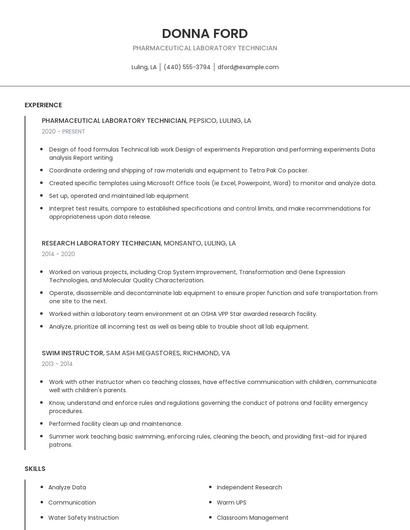 Pharmaceutical Laboratory Technician Resume