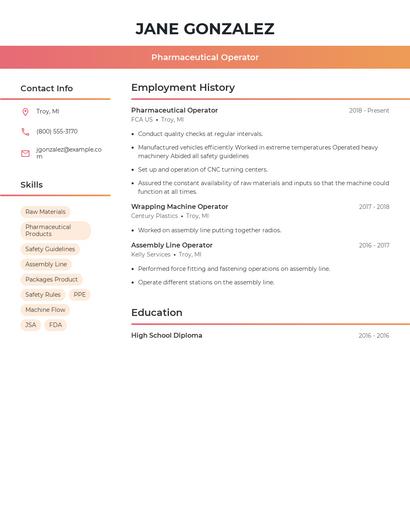 Pharmaceutical Operator Resume