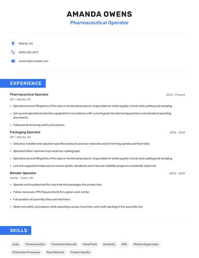 Pharmaceutical Operator Resume