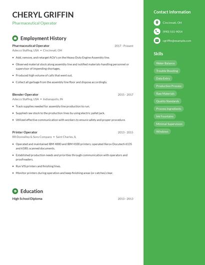 Pharmaceutical Operator Resume