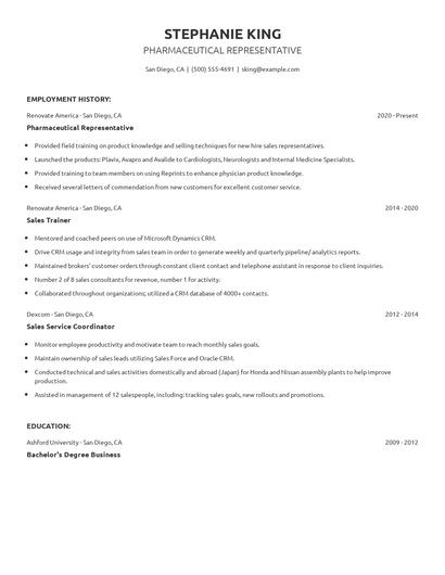 Pharmaceutical Representative Resume