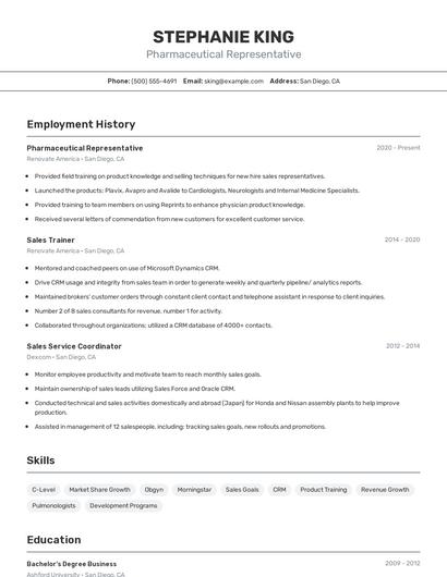 Pharmaceutical Representative Resume