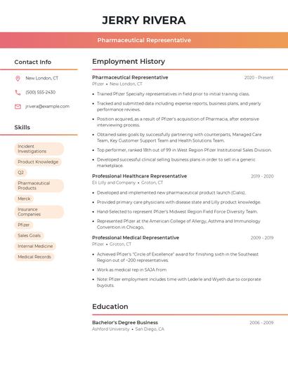 Pharmaceutical Representative Resume