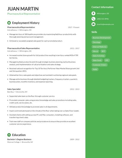Pharmaceutical Representative Resume