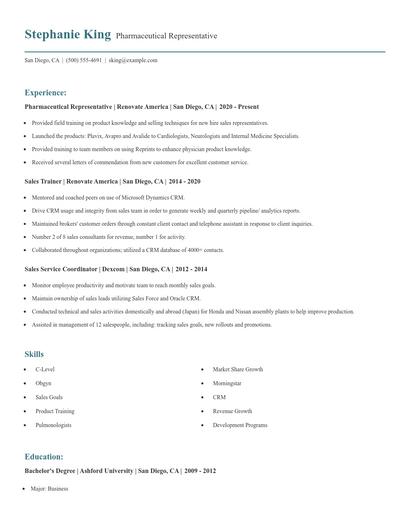 Pharmaceutical Representative Resume
