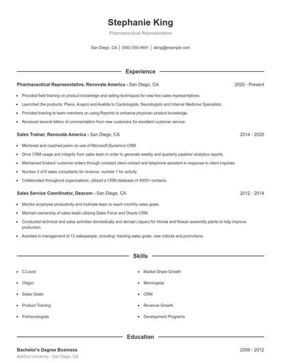 Pharmaceutical Representative Resume