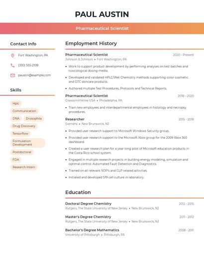 Pharmaceutical Scientist Resume