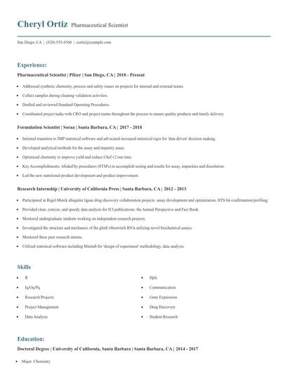 Pharmaceutical Scientist Resume