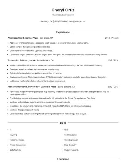 Pharmaceutical Scientist Resume