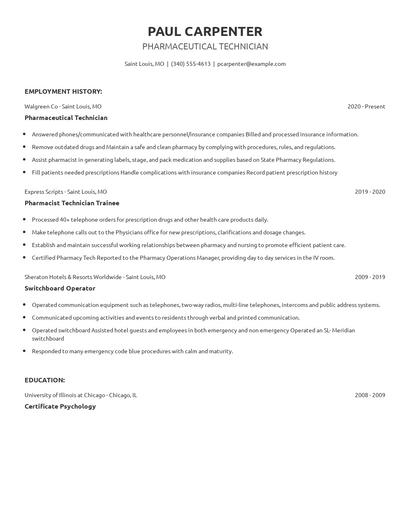 Pharmaceutical Technician Resume