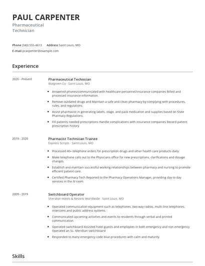 Pharmaceutical Technician Resume