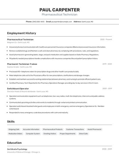 Pharmaceutical Technician Resume