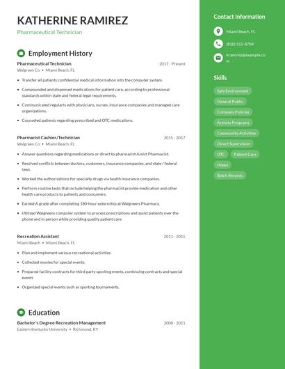 Pharmaceutical Technician Resume