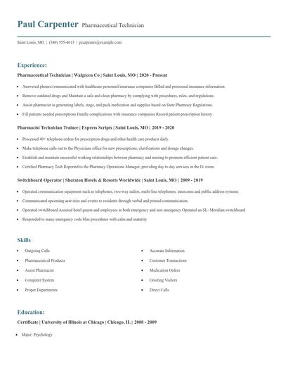 Pharmaceutical Technician Resume