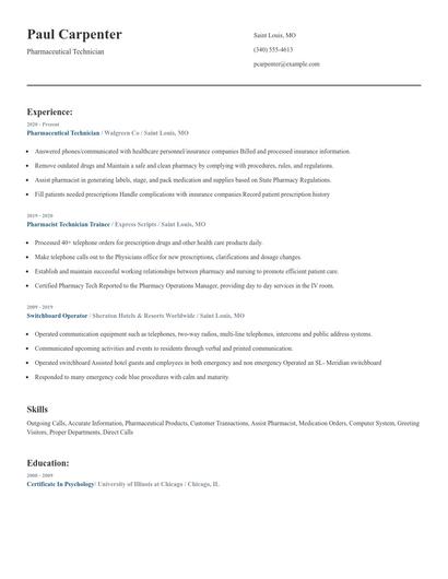 Pharmaceutical Technician Resume