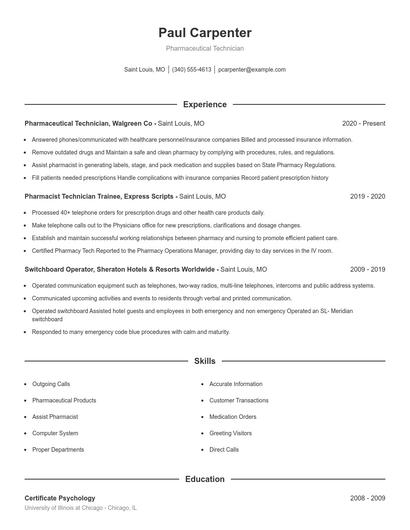 Pharmaceutical Technician Resume