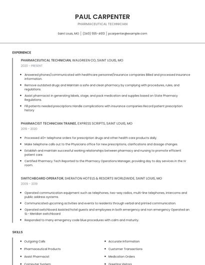 Pharmaceutical Technician Resume