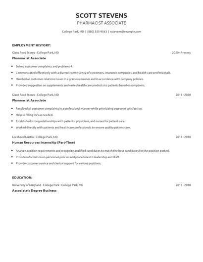 Pharmacist Associate Resume