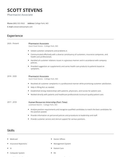 Pharmacist Associate Resume