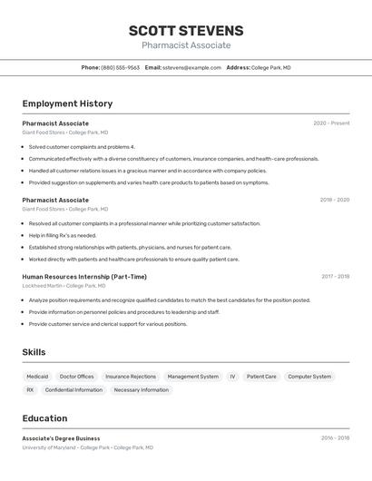 Pharmacist Associate Resume