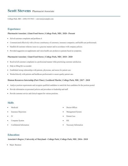 Pharmacist Associate Resume
