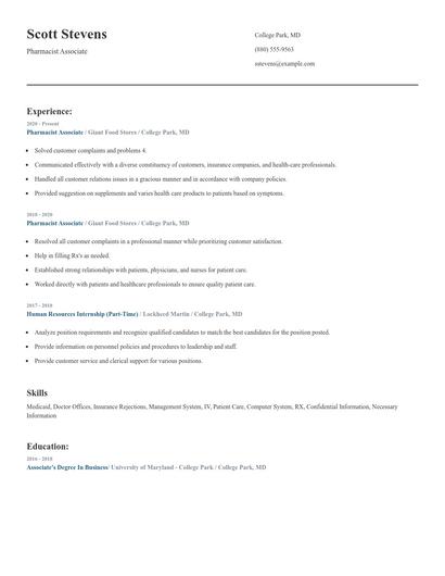 Pharmacist Associate Resume