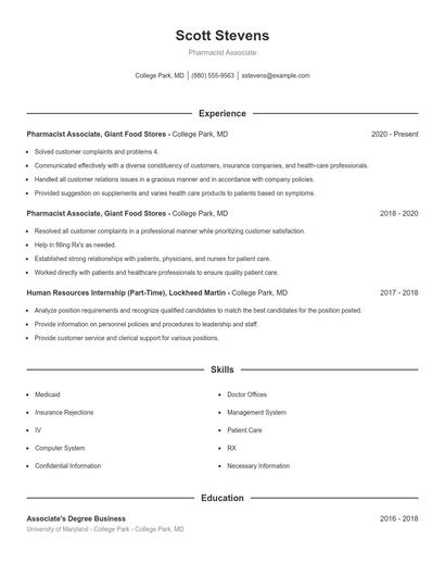 Pharmacist Associate Resume
