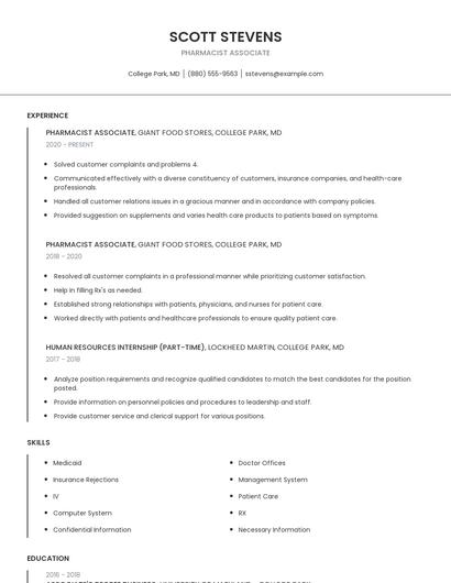Pharmacist Associate Resume
