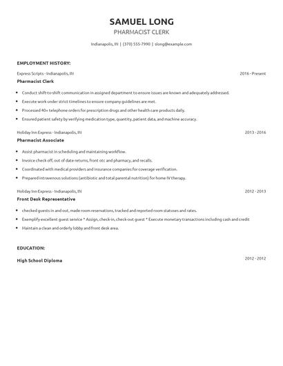 Pharmacist Clerk Resume